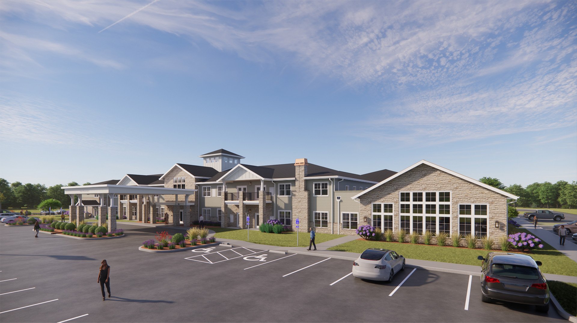 An inviting view of the Cedarhurst of Lincoln senior living community from the outside, complete with the main building and its distinctive sign