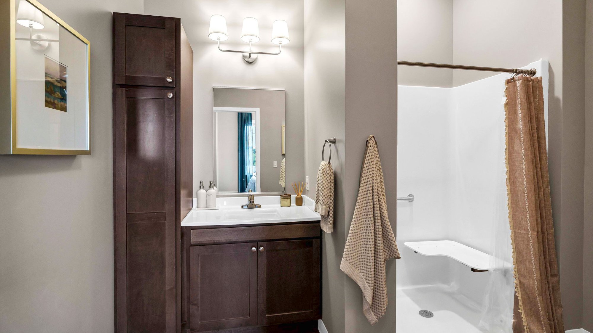 Bathroom of a senior apartment at Cedarhurst of Lincoln, built with accessibility features to support residents
