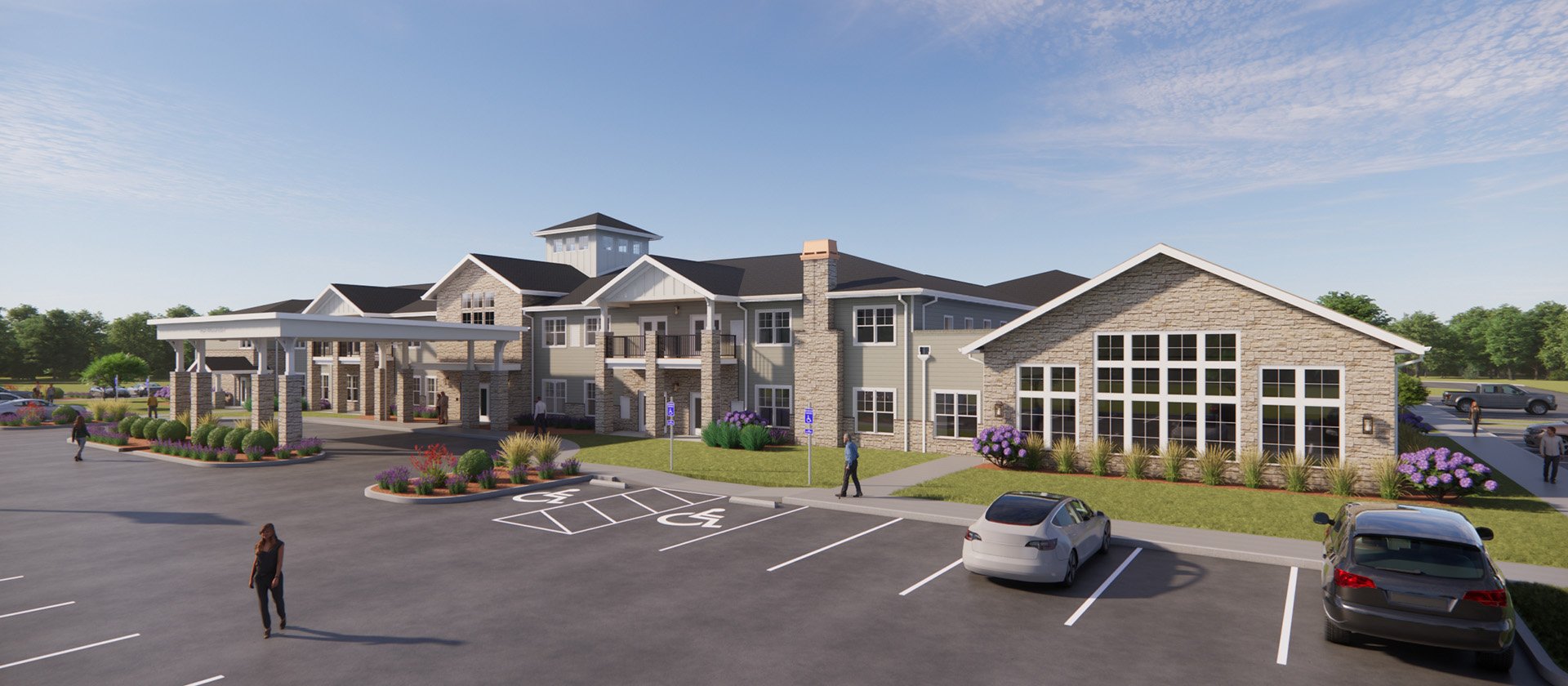 An inviting view of the Cedarhurst of Lincoln senior living community from the outside, complete with the main building and its distinctive sign