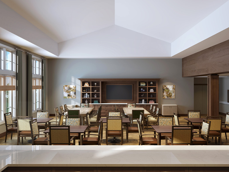 A bright and welcoming activity room at Cedarhurst of Lincoln, offering various opportunities for recreation