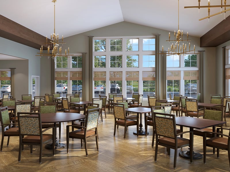 A community dining room at Cedarhurst of Lincoln, providing convenient all-day dining for residents