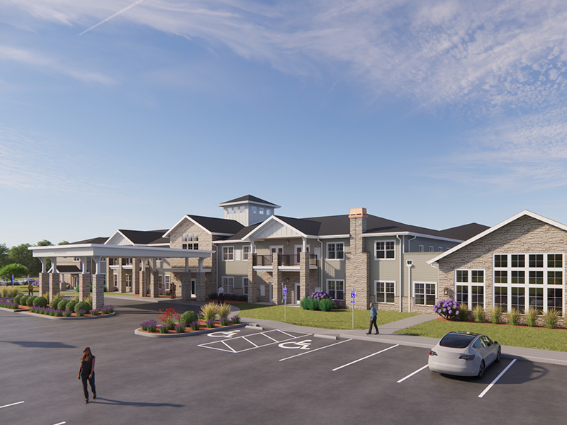 An inviting view of the Cedarhurst of Lincoln senior living community from the outside, complete with the main building and its distinctive sign