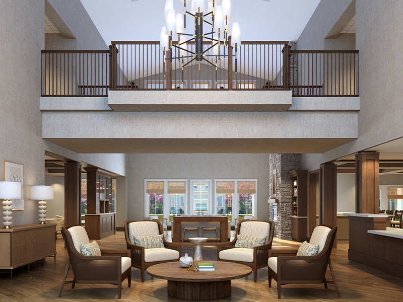 The bright and accessible main lobby at Cedarhurst of Lincoln, offering a warm first impression to the senior living community