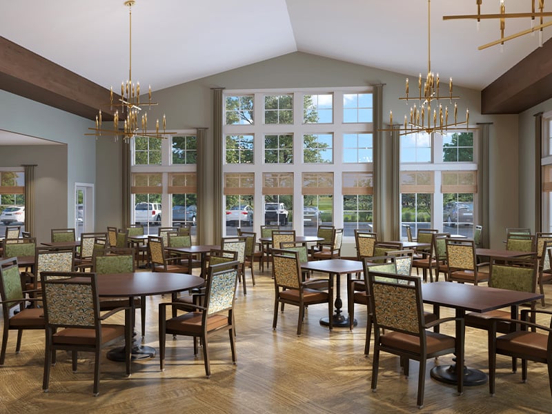A community dining room at Cedarhurst of Manhattan, providing convenient all-day dining for residents