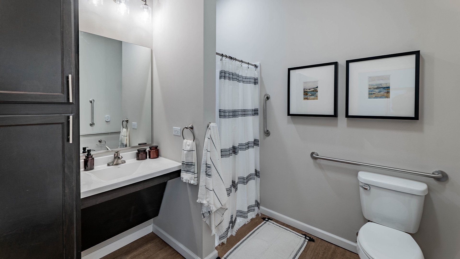 Bathroom of a senior apartment at Cedarhurst of McHenry, built with accessibility features to support residents.
