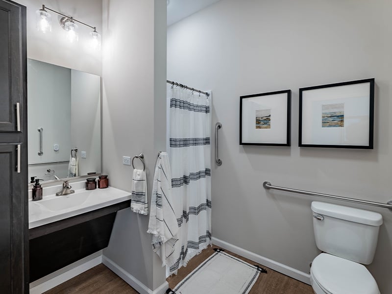 Bathroom of a senior apartment at Cedarhurst of McHenry, built with accessibility features to support residents.