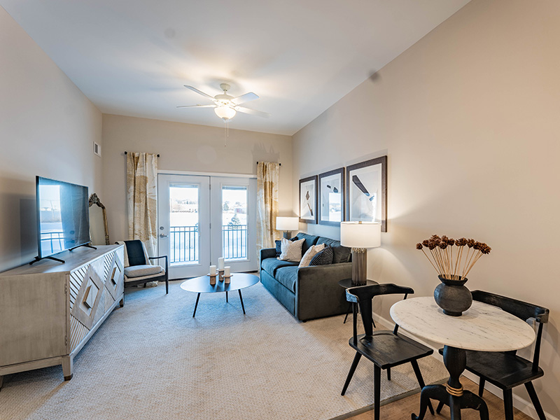 Senior-friendly apartment living room at Cedarhurst of McHenry, offering comfortable and accessible design for residents.