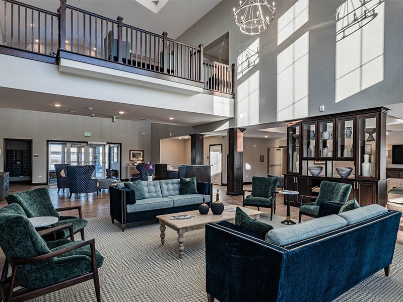 The bright and accessible main lobby at Cedarhurst of McHenry, offering a warm first impression to the senior living community.