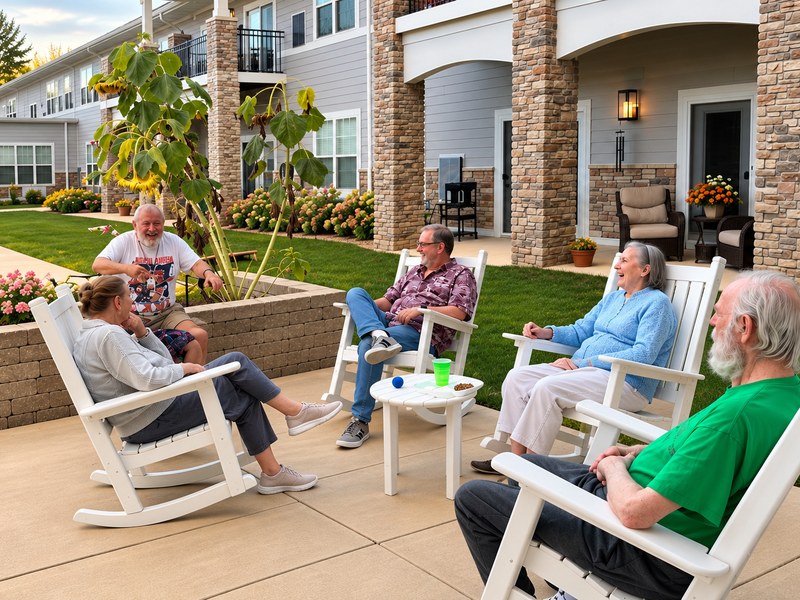 Senior living community residents chatting in rocking chairs on a landscaped patio.