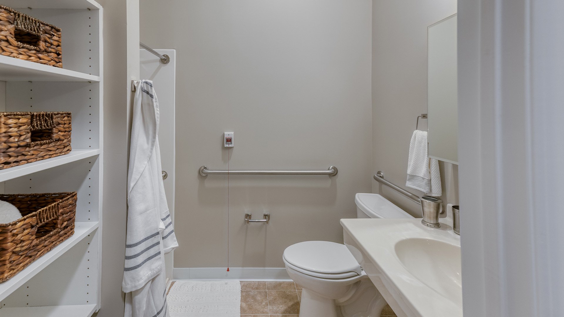 Bathroom of a senior apartment at Cedarhurst of Naperville, built with accessibility features to support residents.