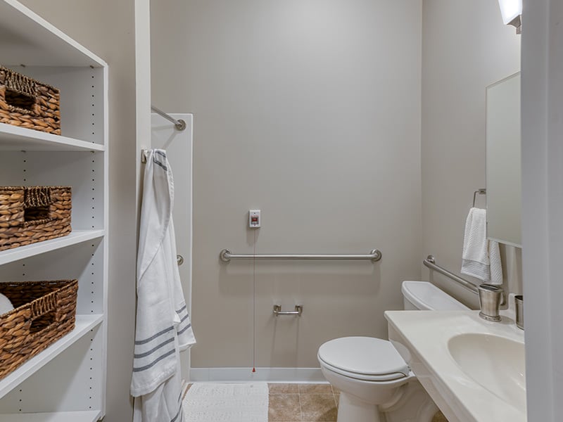 Bathroom of a senior apartment at Cedarhurst of Naperville, built with accessibility features to support residents.