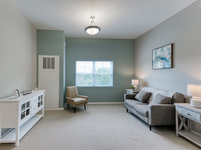 Senior-friendly apartment living room at Cedarhurst of Naperville, offering comfortable and accessible design for residents.