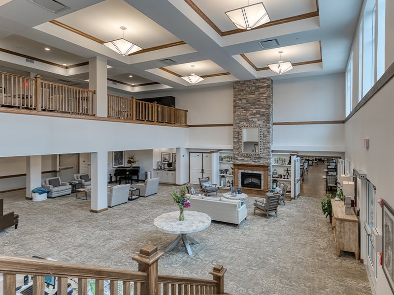The bright and accessible main lobby at Cedarhurst of Naperville, offering a warm first impression to the senior living community.