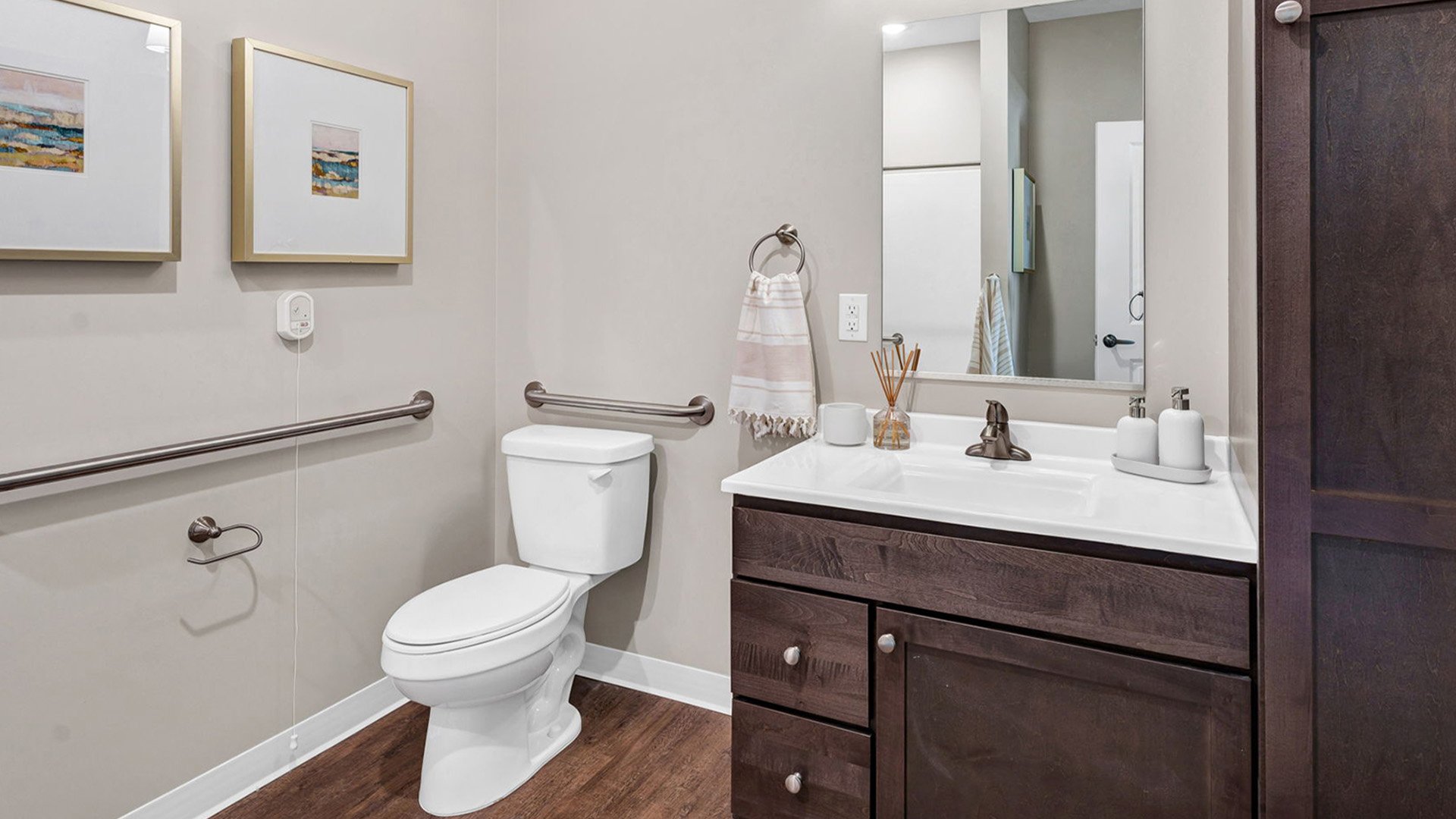 Bathroom of a senior apartment at Cedarhurst of Newburgh, built with accessibility features to support residents.