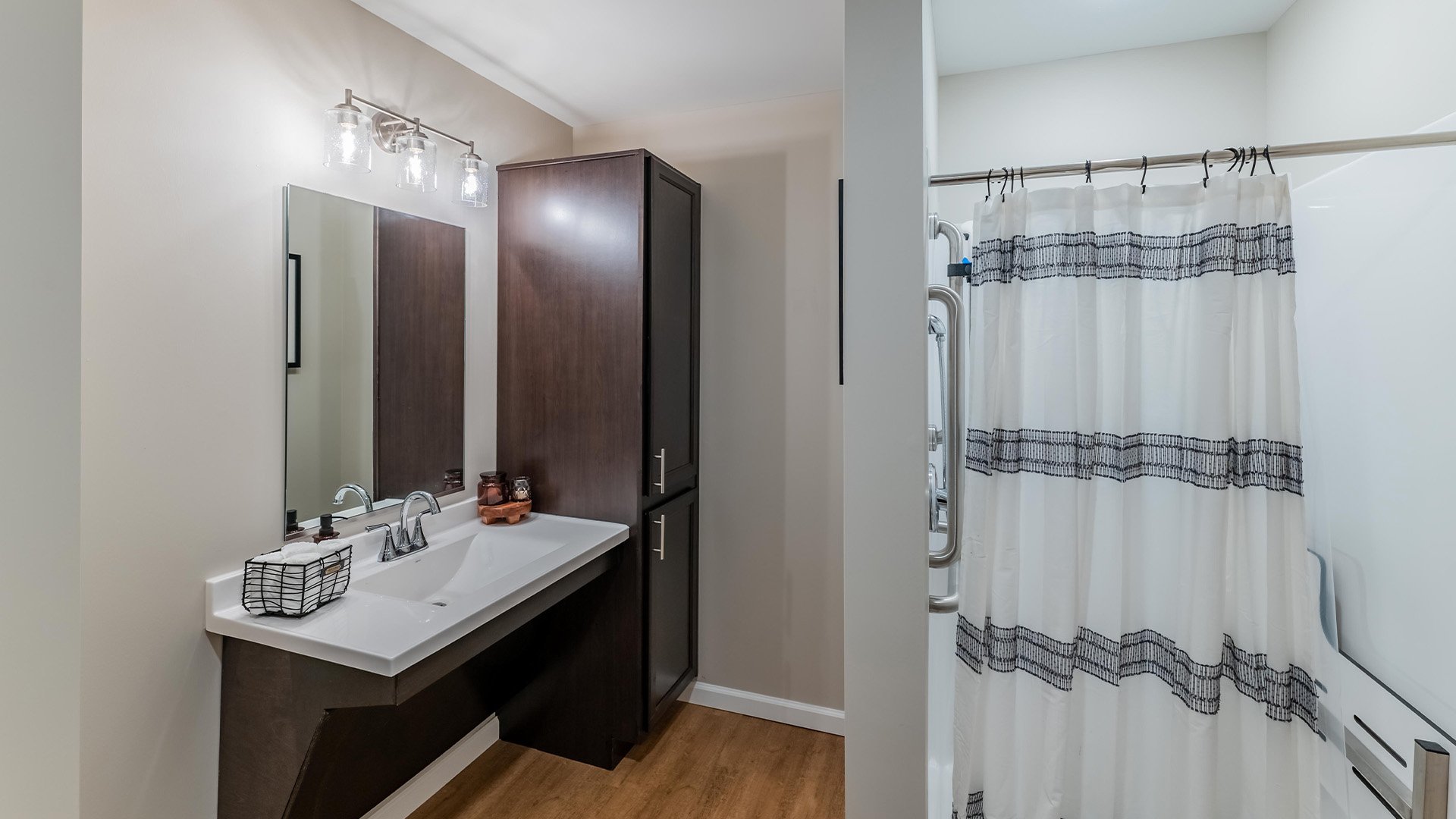 Bathroom of a senior apartment at Cedarhurst of Nicholasville, built with accessibility features to support residents.