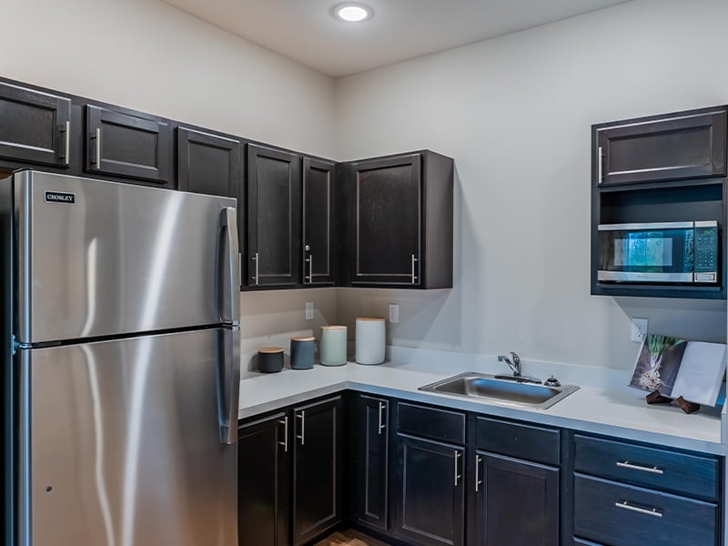 An accessible kitchenette in a senior apartment at Cedarhurst of Nicholasville, designed for ease of use and independence.