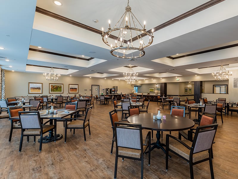 A community dining room at Cedarhurst of Nicholasville, providing convenient all-day dining for residents.
