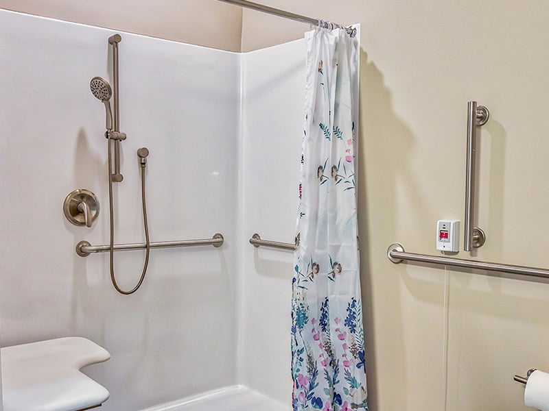 Bathroom of a senior apartment at Cedarhurst of O'Fallon, built with accessibility features to support residents