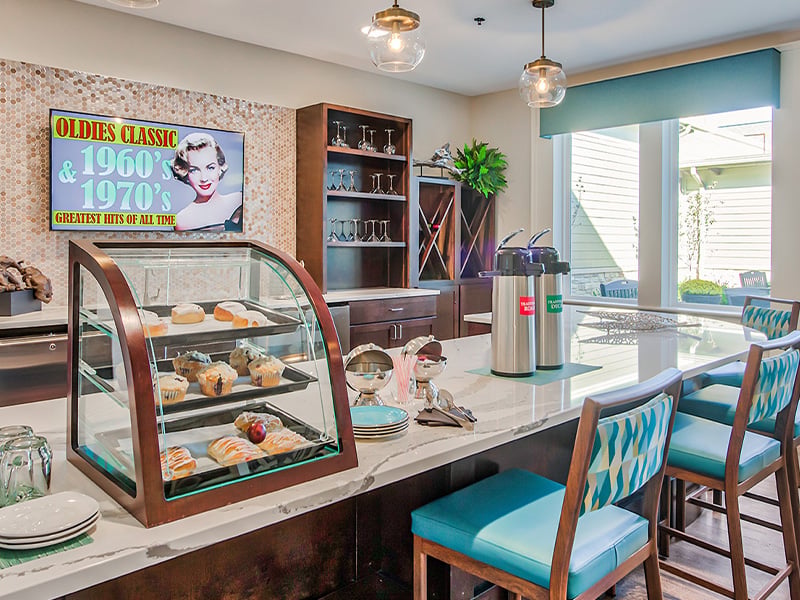 The inviting on-site bistro at Cedarhurst of O'Fallon, offering a senior-friendly spot for coffee and socializing for residents