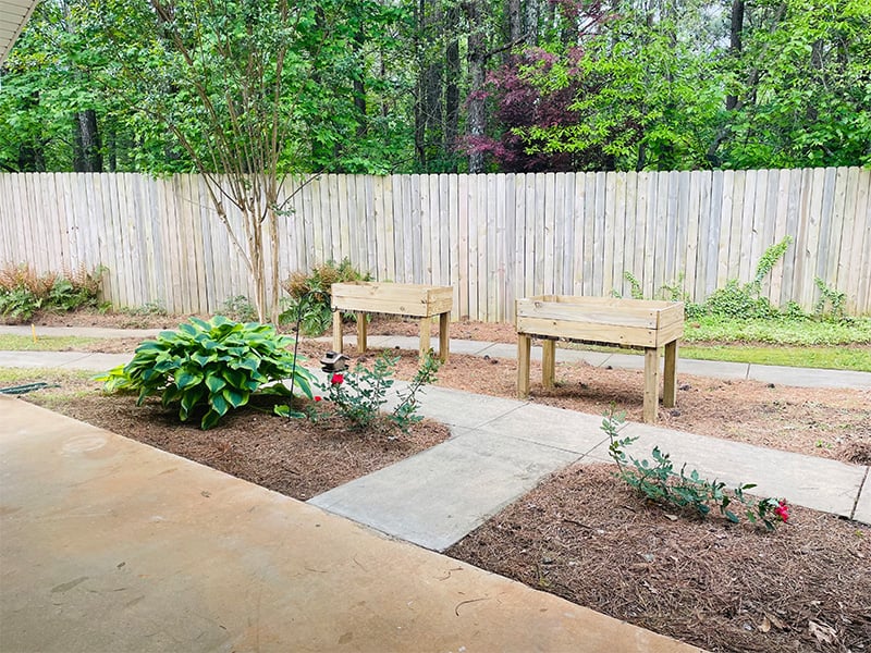 An inviting outdoor area at Cedarhurst of Oakwood, showing lush green spaces and paved paths