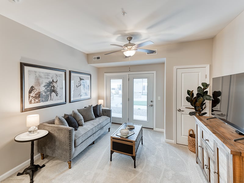 Senior-friendly apartment living room at Cedarhurst of Owensboro, offering comfortable and accessible design for residents.