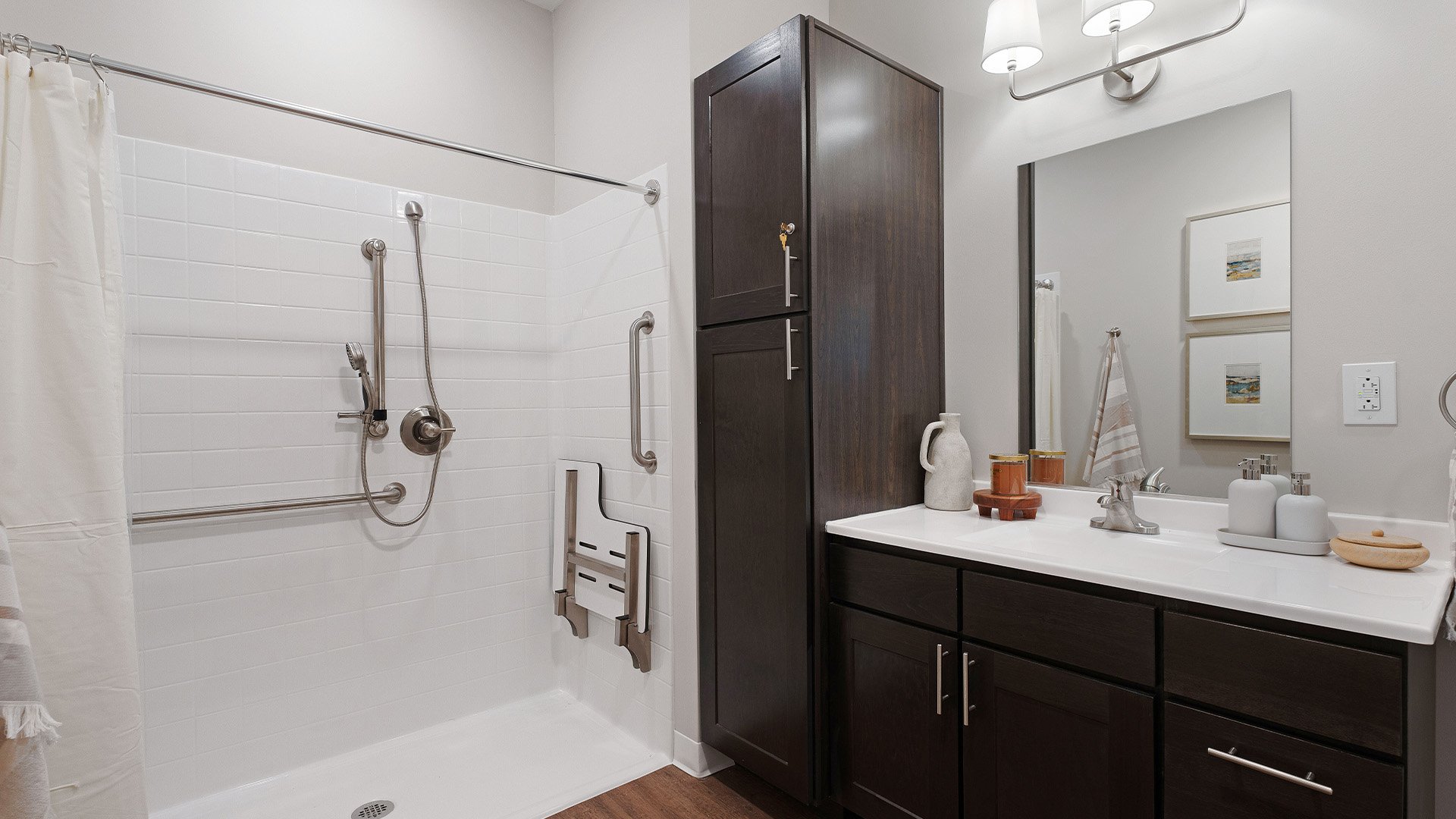 Bathroom of a senior apartment at Cedarhurst of Salina, built with accessibility features to support residents