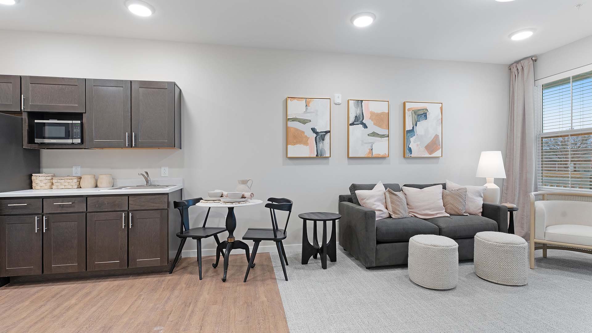Senior-friendly apartment living room at Cedarhurst of Salina, offering comfortable and accessible design for residents