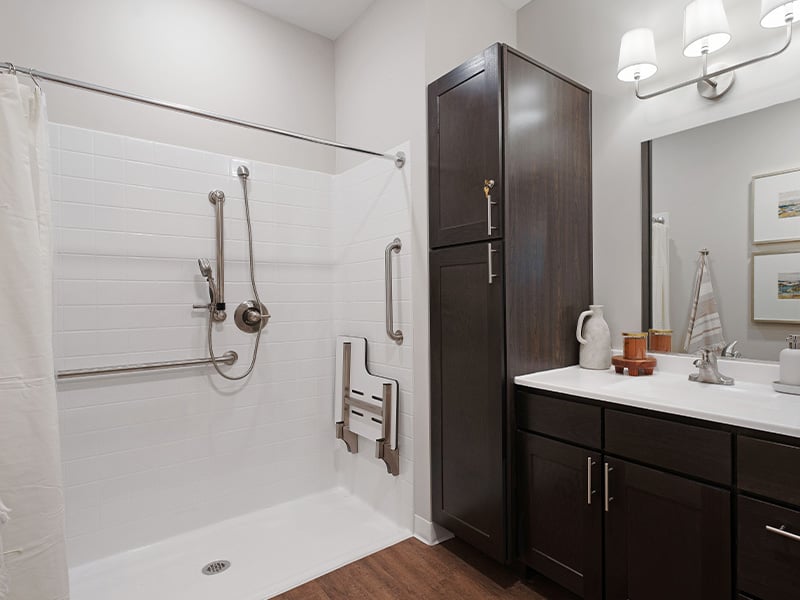 Bathroom of a senior apartment at Cedarhurst of Salina, built with accessibility features to support residents
