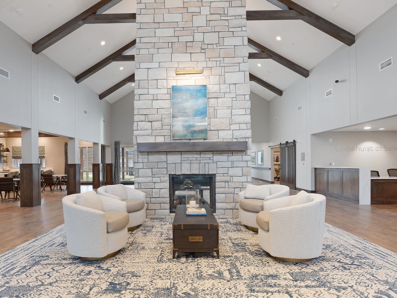 The bright and accessible main lobby at Cedarhurst of Salina, offering a warm first impression to the senior living community