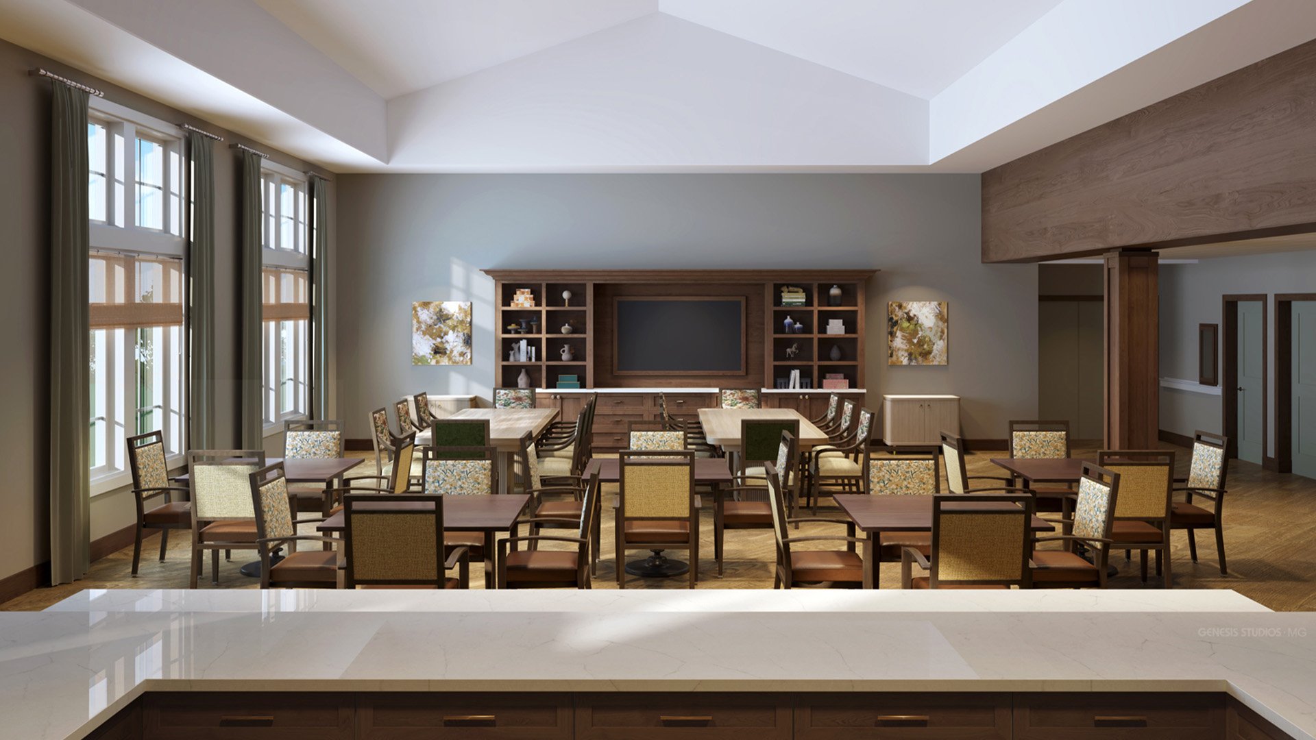 A bright and welcoming activity room at Cedarhurst of Shawnee, offering various opportunities for recreation