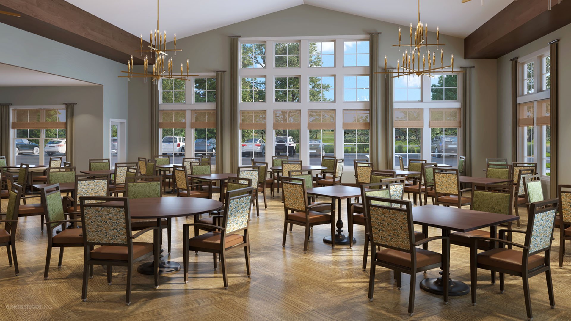 A spacious and bright dining room at Cedarhurst of Shawnee, offering comfortable seating for meals