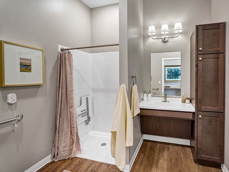 Bathroom of a senior apartment at Cedarhurst of Shawnee, built with accessibility features to support residents