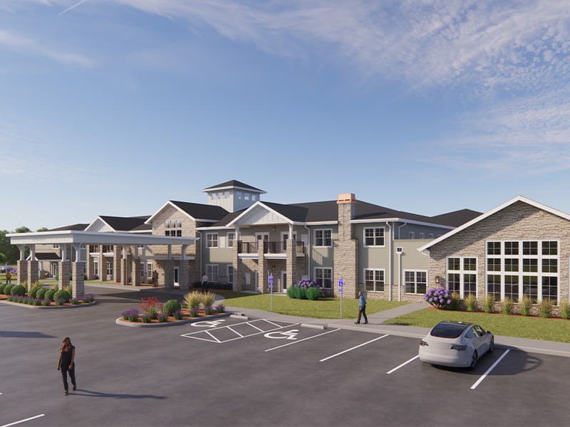 An inviting view of the Cedarhurst of Shawnee senior living community from the outside