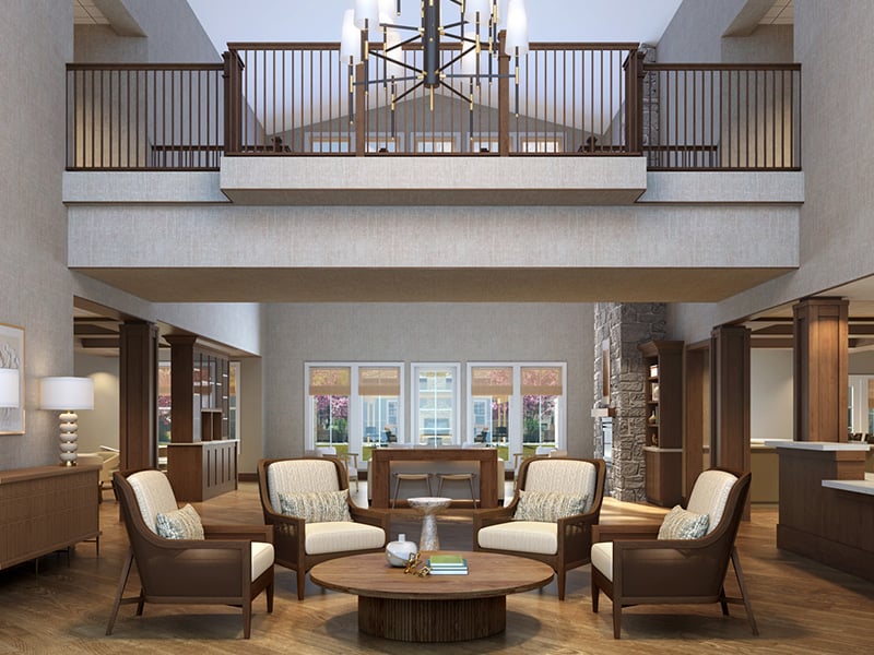 The bright and accessible main lobby at Cedarhurst of Shawnee, offering a warm first impression to the senior living community