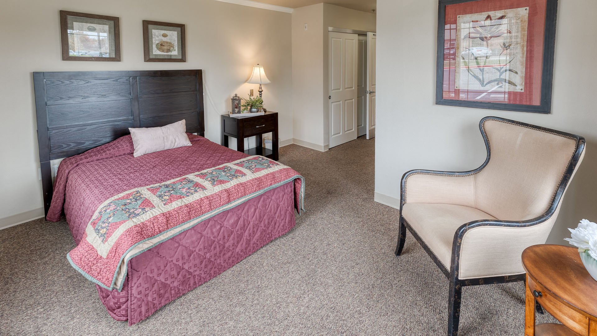 Bedroom of a senior apartment at Cedarhurst of Springfield, MO, designed for resident comfort and personalization