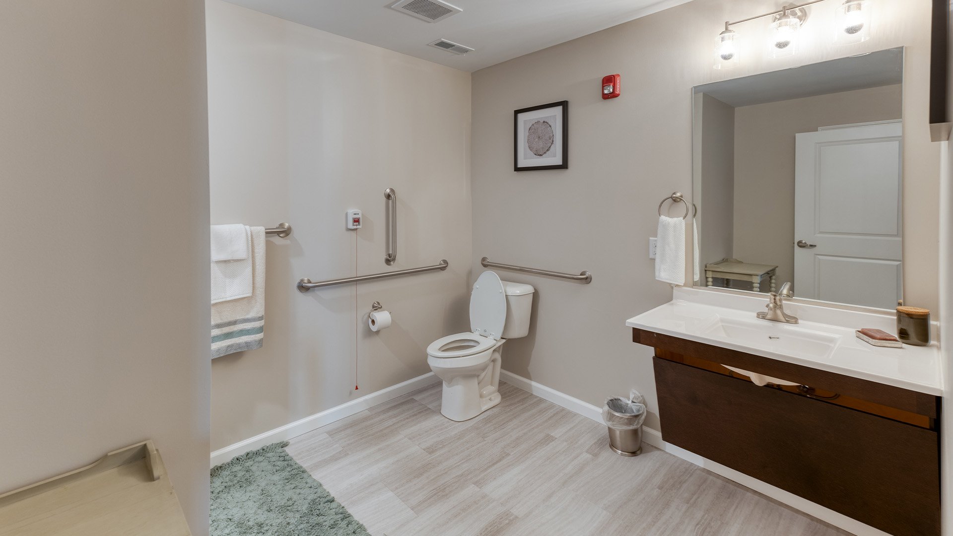 Bathroom of a senior apartment at Cedarhurst of Springfield, IL, built with accessibility features to support residents
