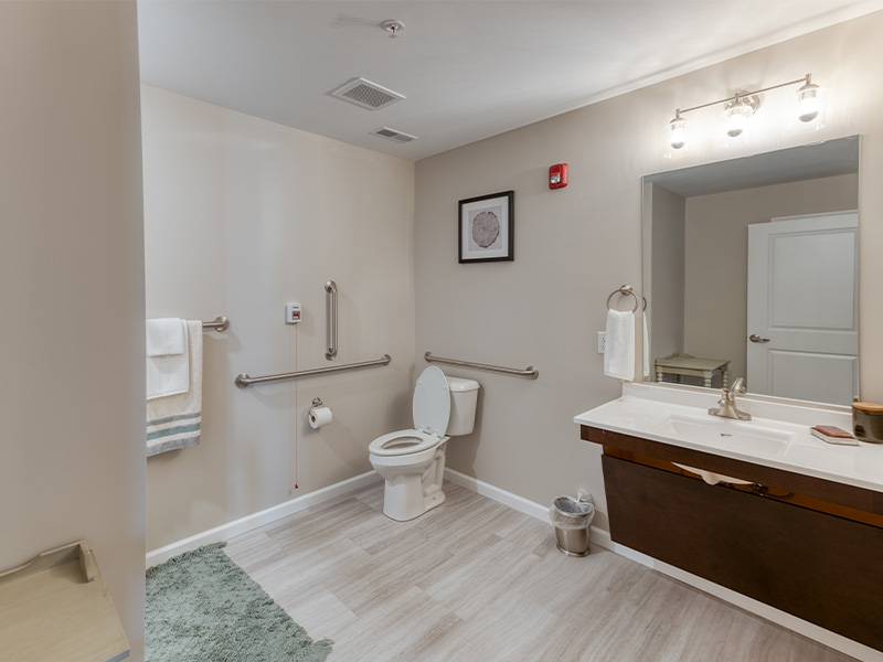 Bathroom of a senior apartment at Cedarhurst of Springfield, IL, built with accessibility features to support residents