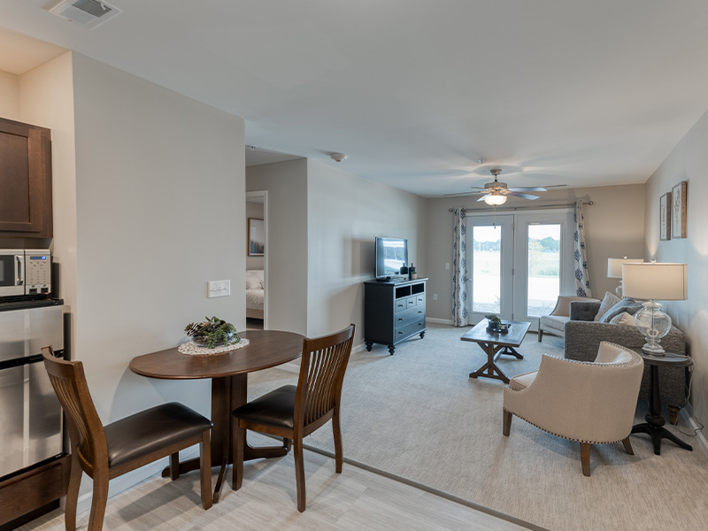 Senior-friendly apartment living room at Cedarhurst of Springfield, IL, offering comfortable and accessible design for residents