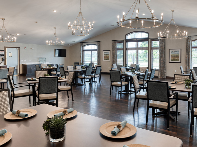 A community dining room at Cedarhurst of Springfield, IL, providing convenient all-day dining for residents