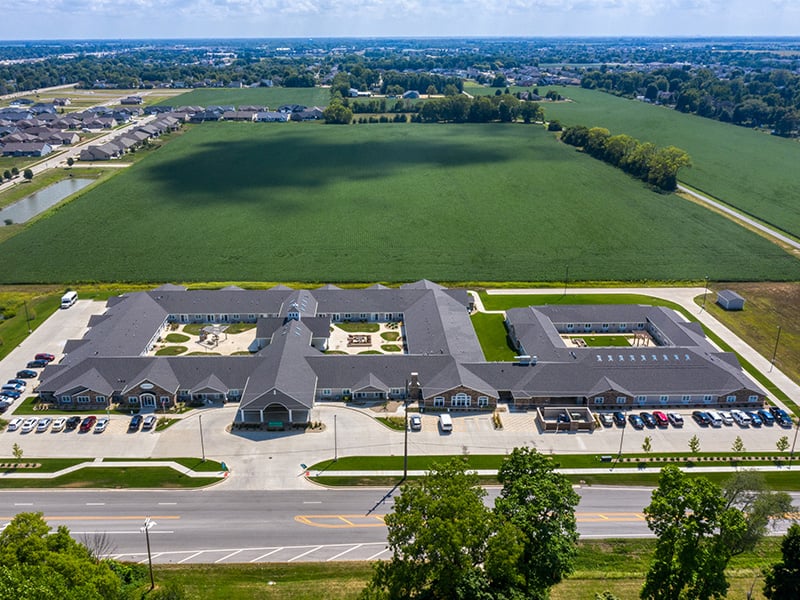 Aerial view of the entire Cedarhurst of Springfield, IL senior living community building and grounds