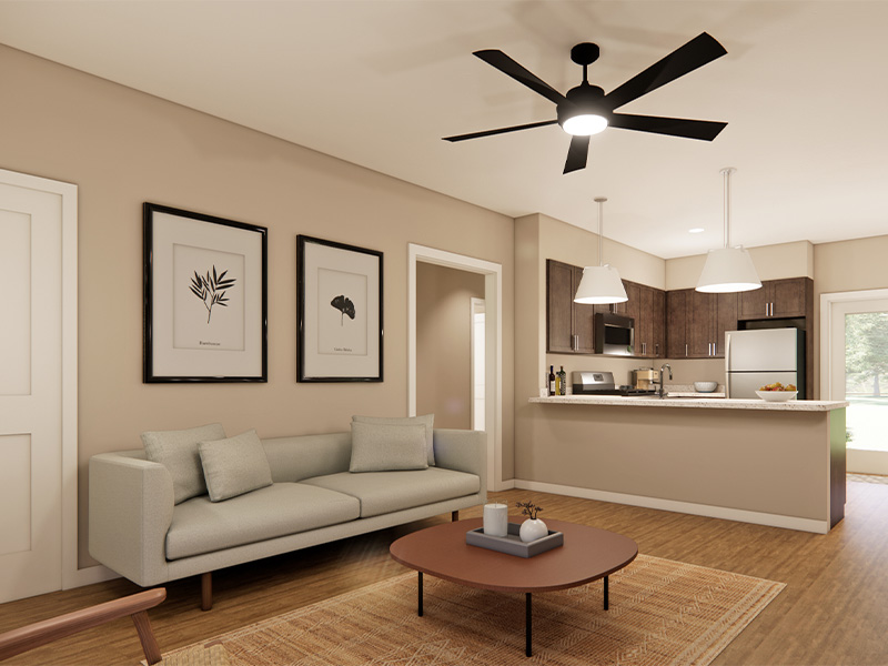 Cedarhurst of Springfield, IL - Independent Living Cottage Rendering - Kitchen and Living Room 2