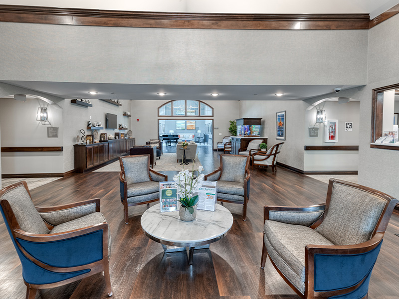 The bright and accessible main lobby at Cedarhurst of Springfield, IL, offering a warm first impression to the senior living community