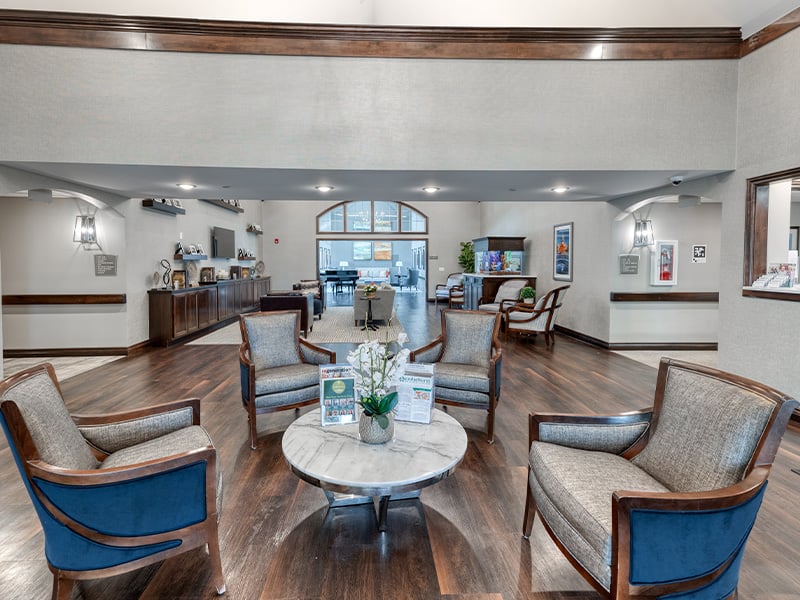 The bright and accessible main lobby at Cedarhurst of Springfield, IL, offering a warm first impression to the senior living community