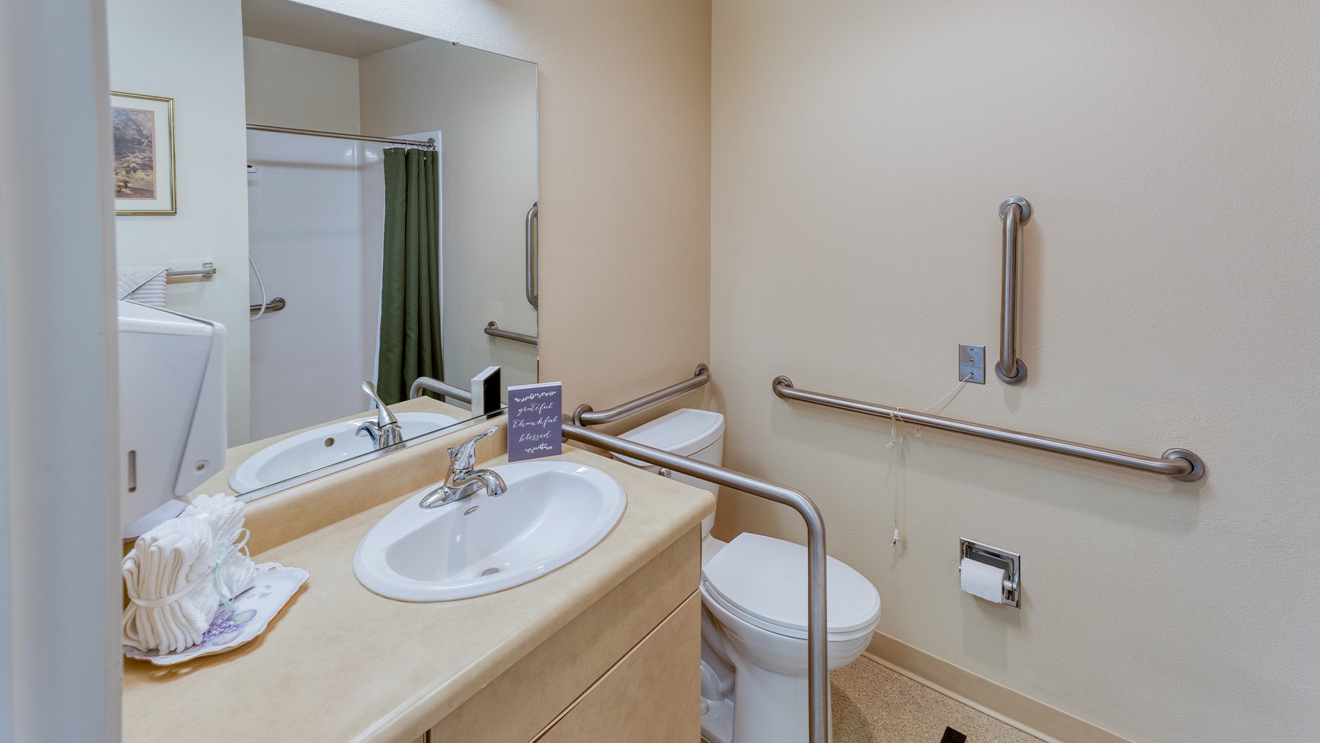 Bathroom of a senior apartment at Cedarhurst of Springfield, MO, built with accessibility features to support residents