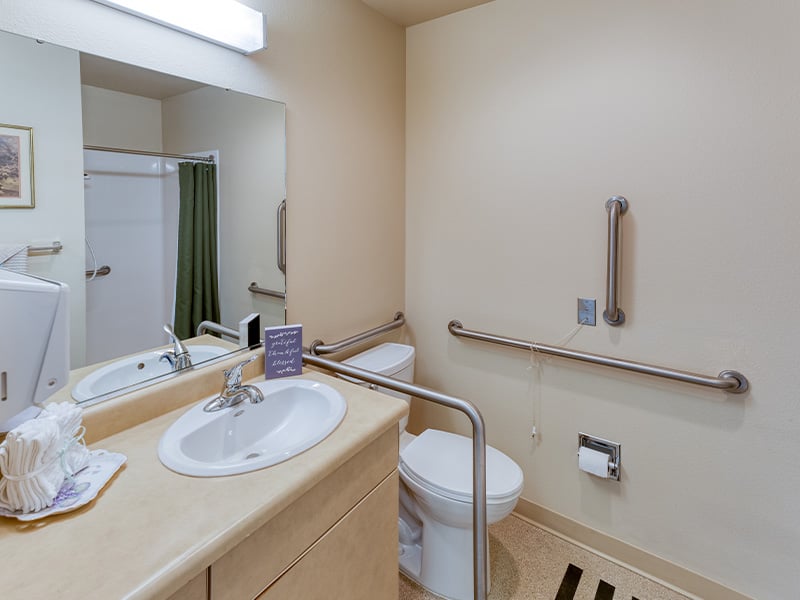 Bathroom of a senior apartment at Cedarhurst of Springfield, MO, built with accessibility features to support residents