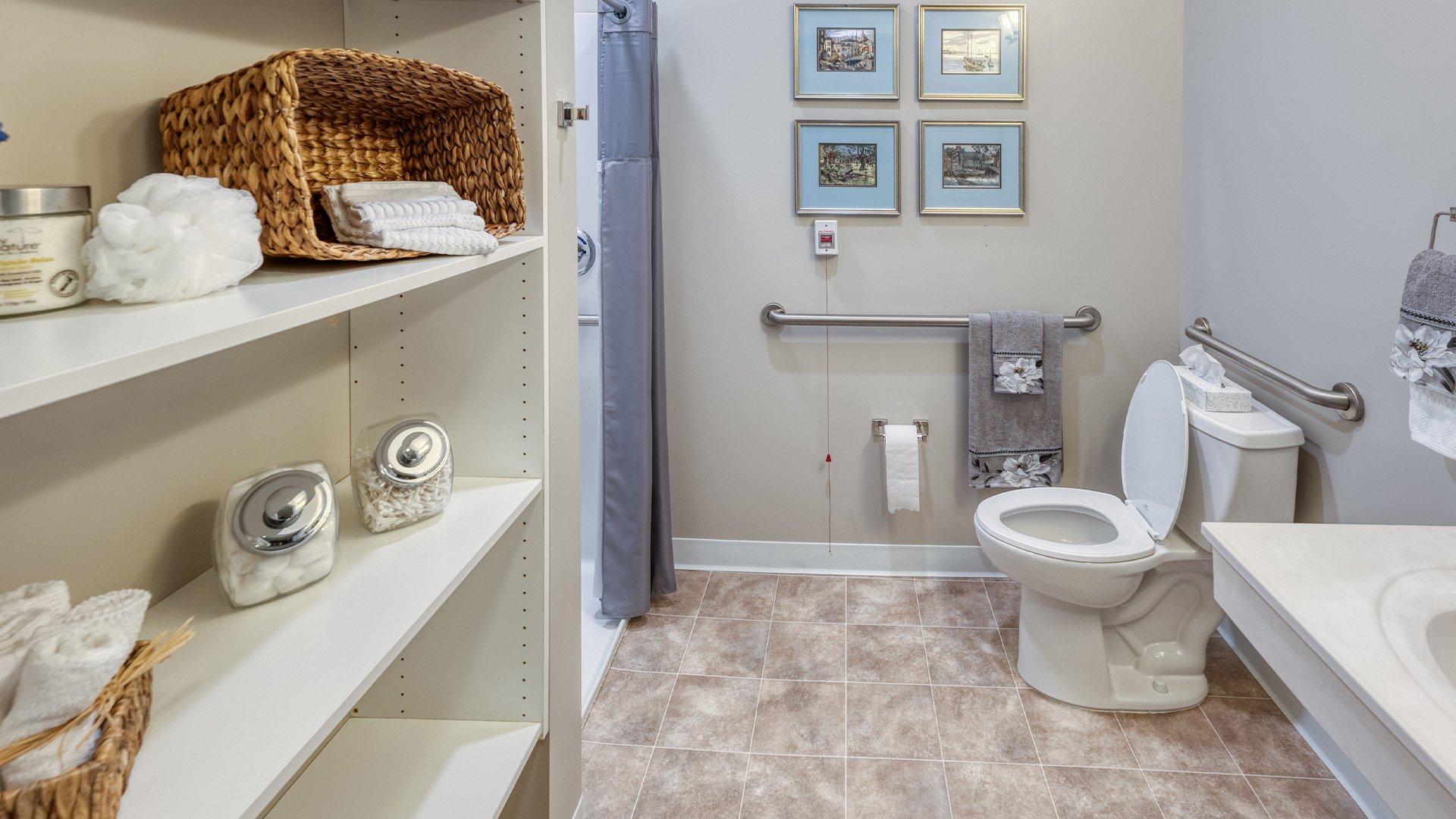 Bathroom of a senior apartment at Cedarhurst of St. Charles, built with accessibility features to support residents