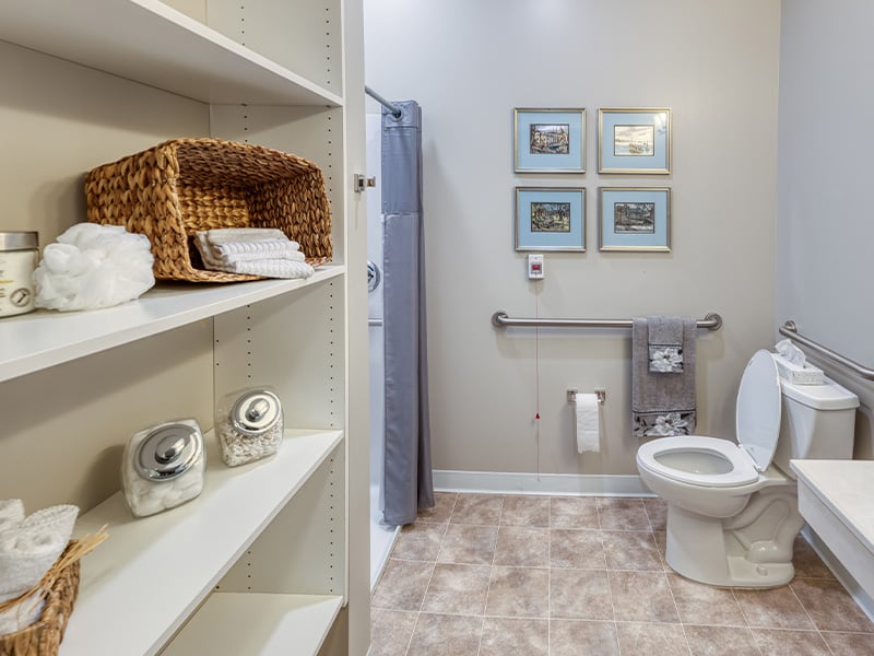 Bathroom of a senior apartment at Cedarhurst of St. Charles, built with accessibility features to support residents