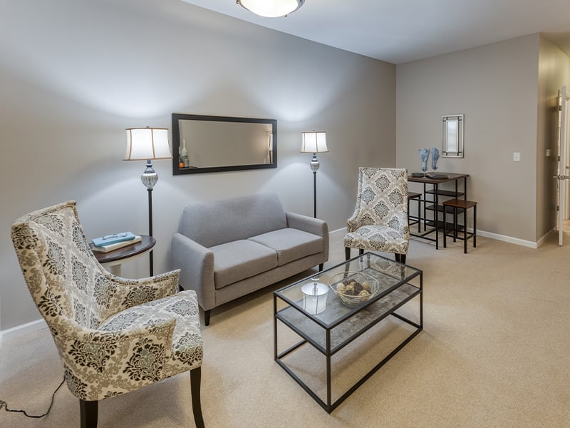 Senior-friendly apartment living room at Cedarhurst of St. Charles, offering comfortable and accessible design for residents