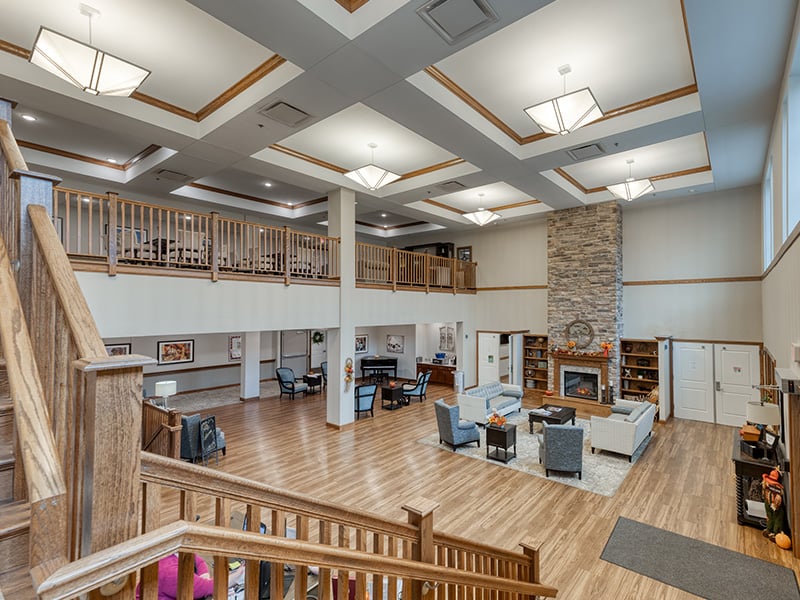 The bright and accessible main lobby at Cedarhurst of St. Charles, offering a warm first impression to the senior living community