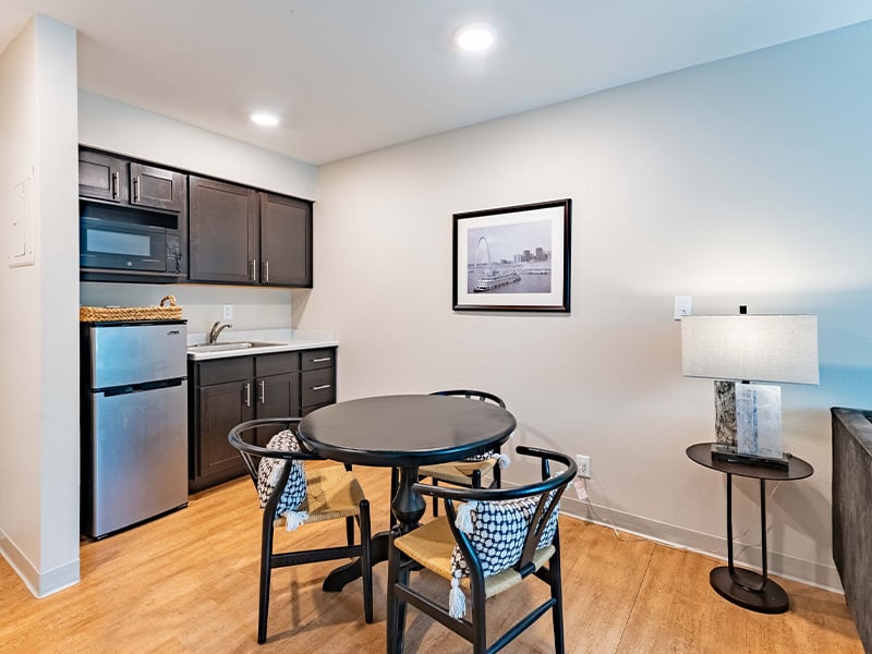 An accessible kitchenette in a senior apartment at Cedarhurst of Tesson Heights, designed for ease of use and independence